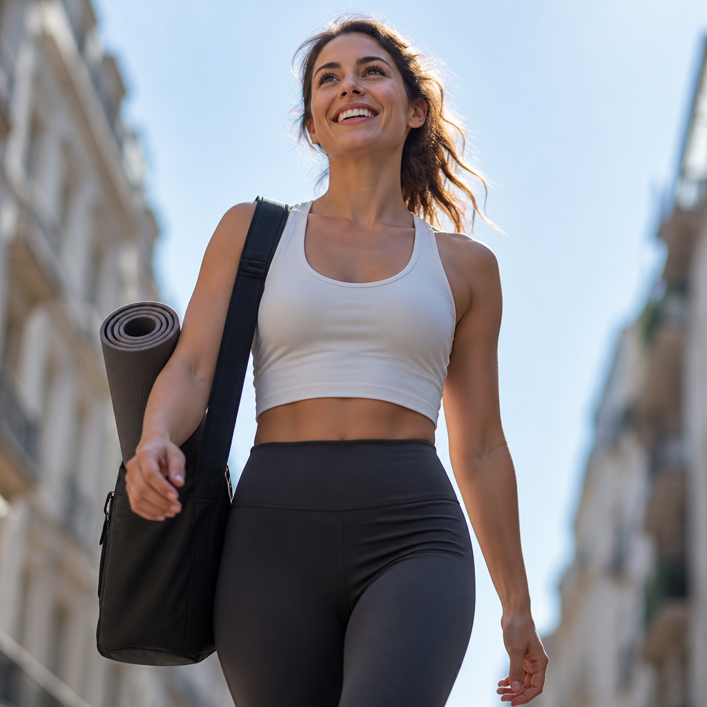 Image of a woman walking in a street with a bag around her shoulder and pilates mat inside