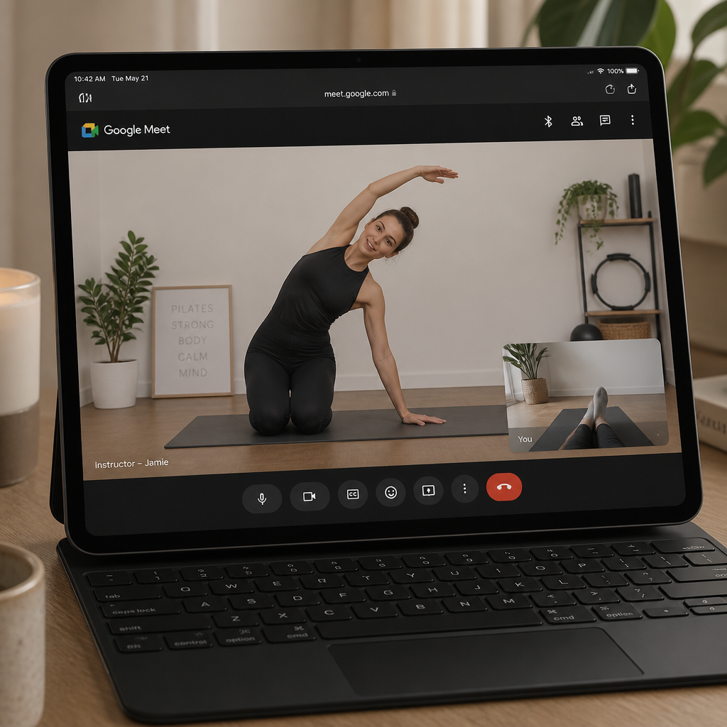 Image of a woman on an iPad taking a Pilates class