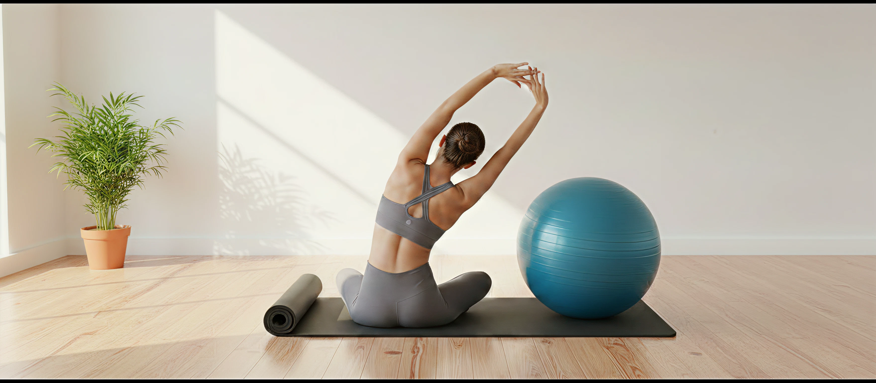 Image of a woman sitting on a pilates mat doing stretches